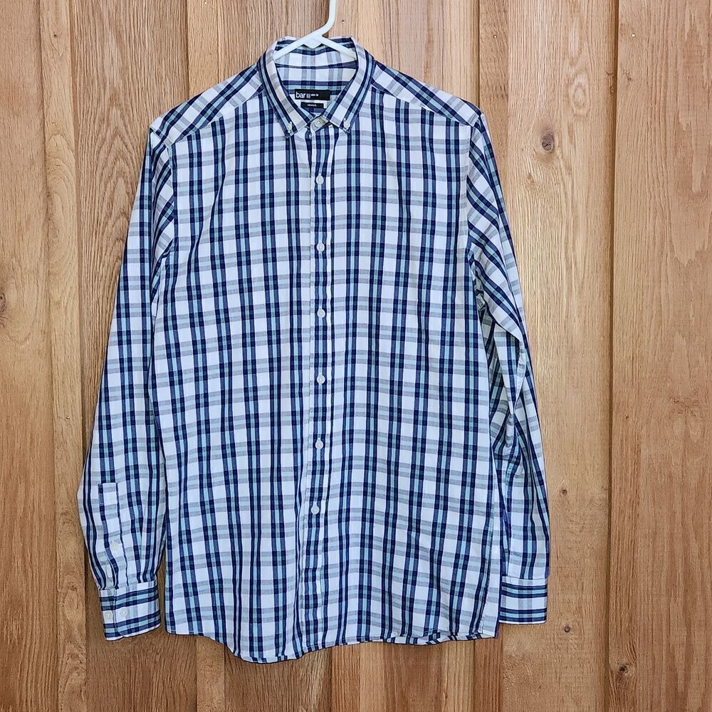 Bar III Slim Fit Long Sleeve Button Down Casual Shirt, Medium, Blue White Plaid